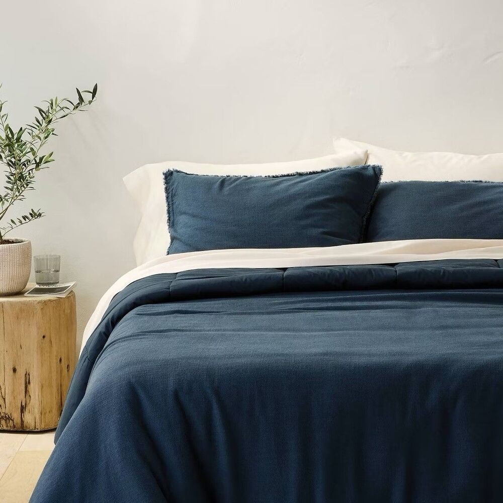 Casaluna Full Queen Heavyweight Linen Blend Comforter Sham Set Blue New
